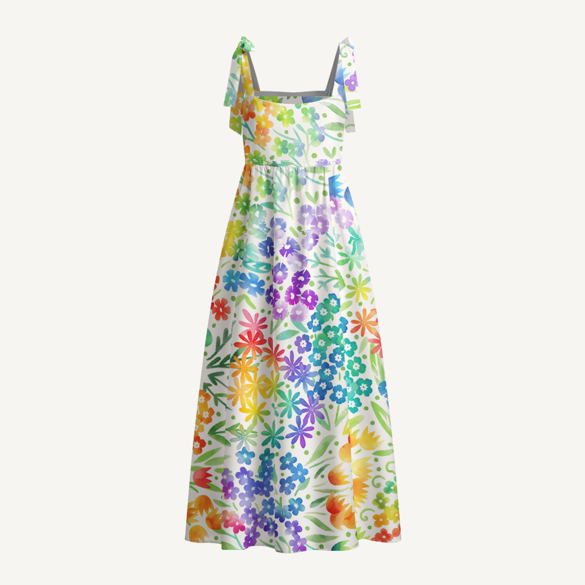 Fun Rainbow Print Bow Strap Maxi Dress