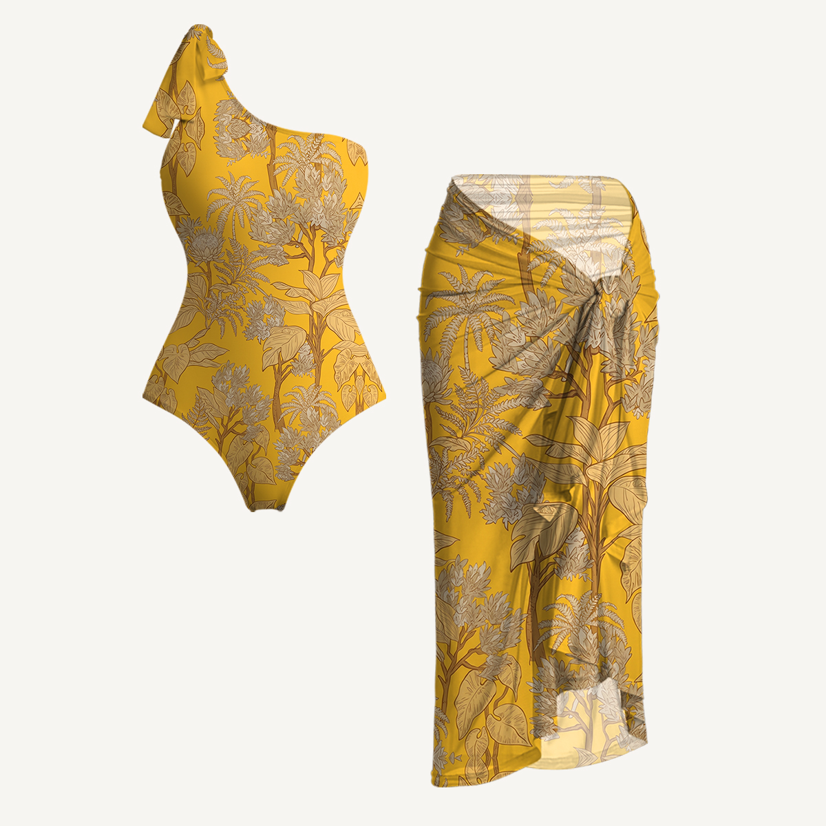 Golden Palm One Shoulder One Piece Swimsuit and Matching Sarong Set for Women