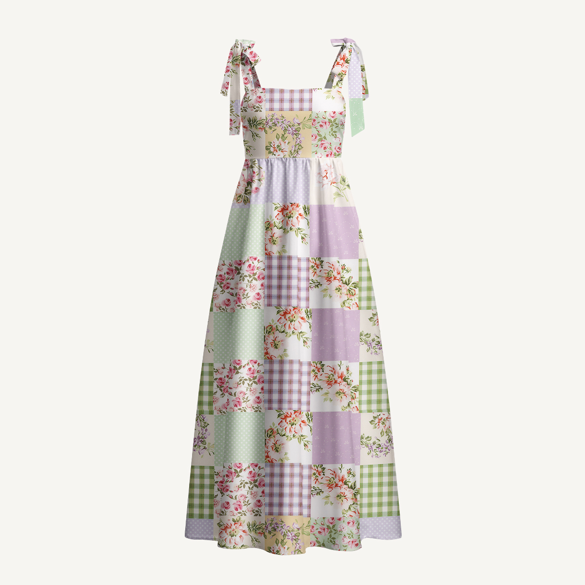 Creamy Garden Patchwork Print Bow Strap Maxi Dress