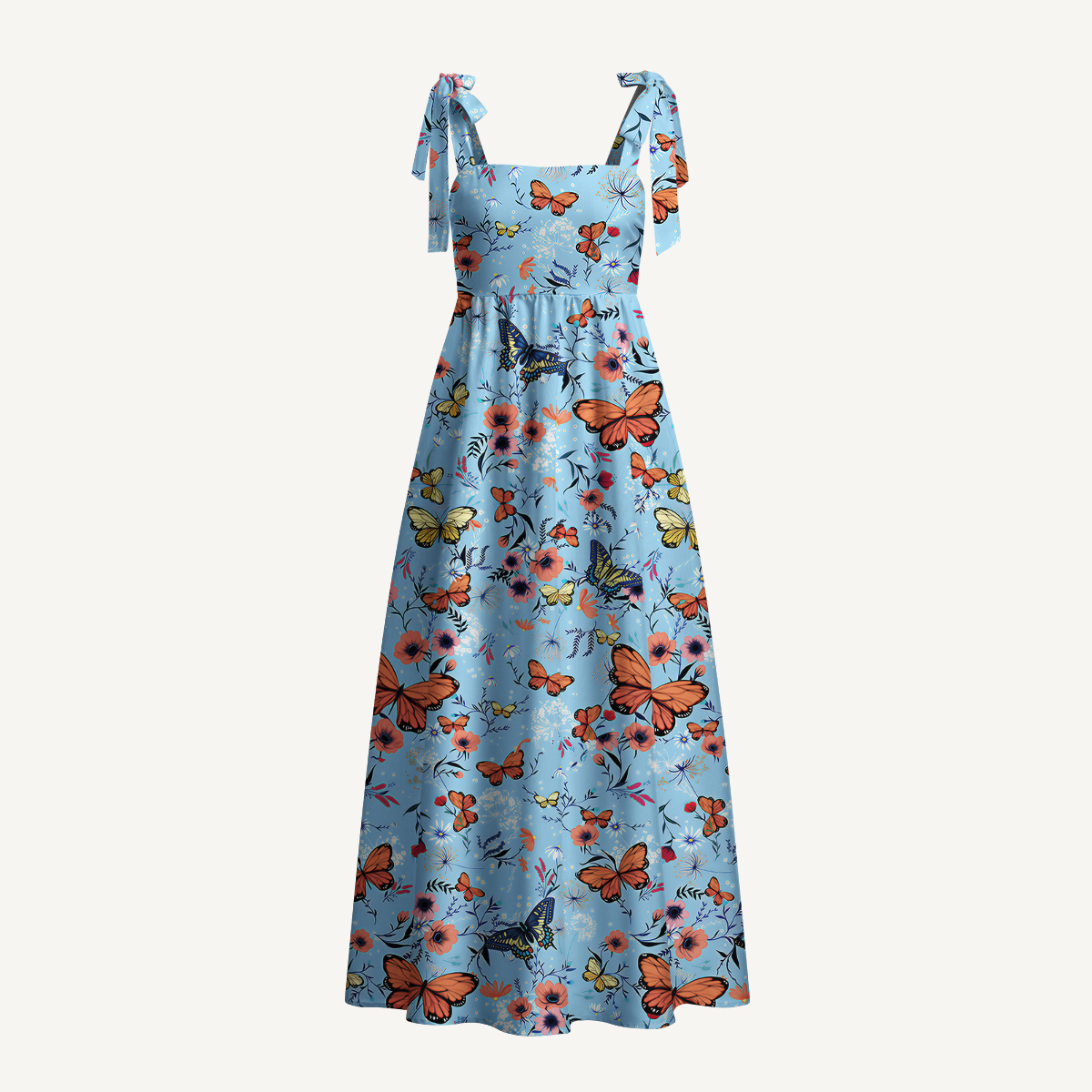 Butterfly Blossom Print Bow Strap Maxi Dress