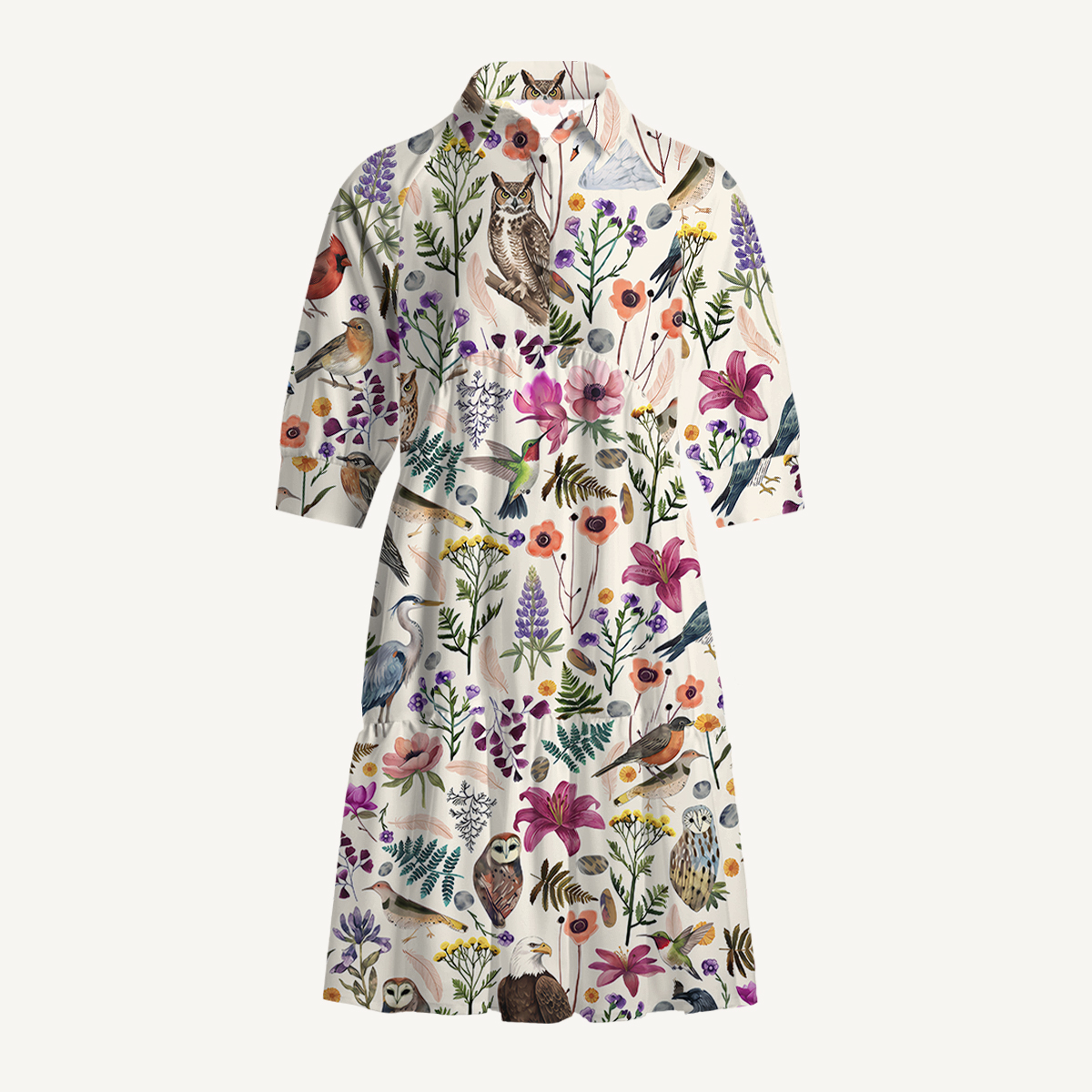 V Neck Collared Whimsical Woodland Birds Wildflowers Print Mini Dress For Women With Pockets