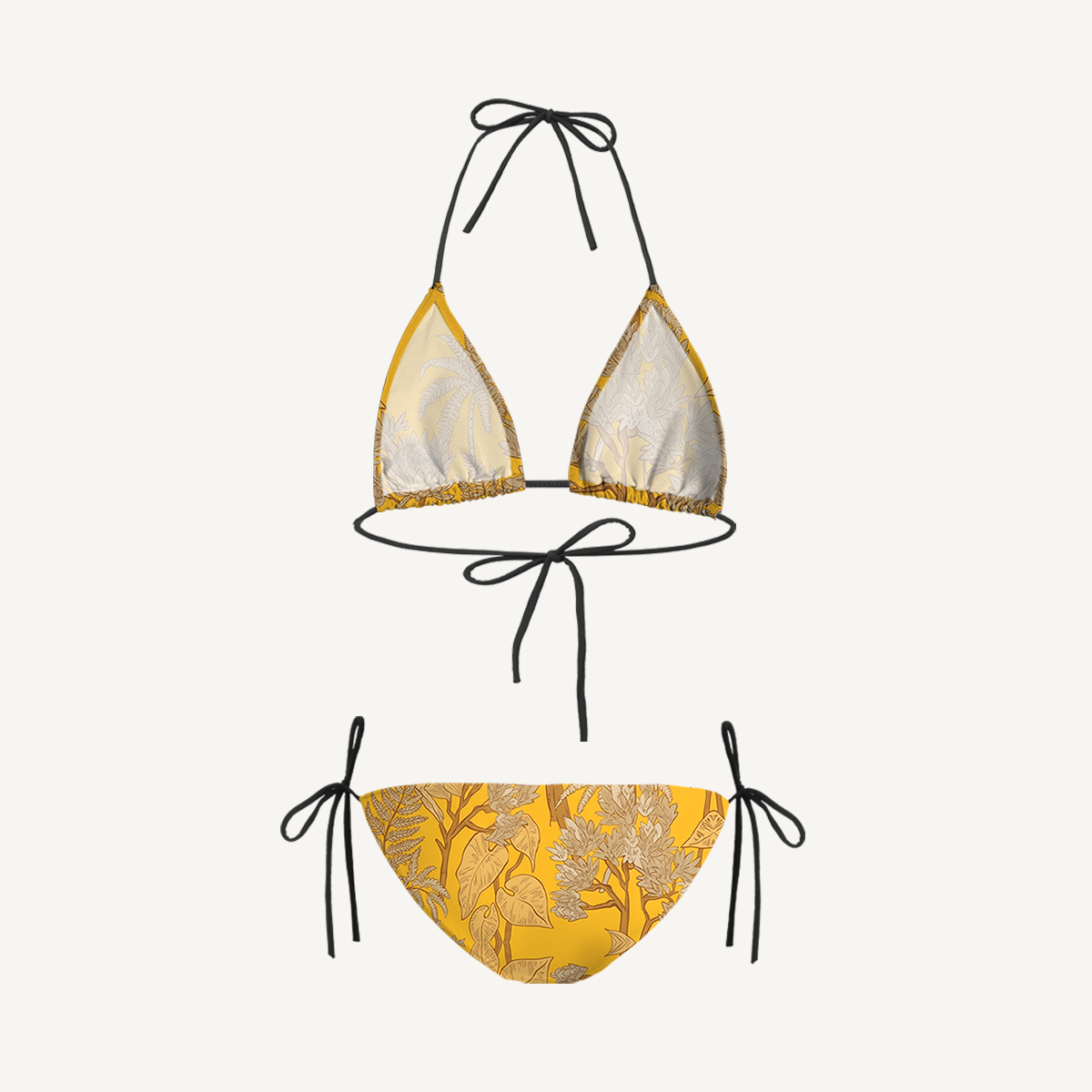 Golden Palm Tie Side Bikini Set with Matching Pants