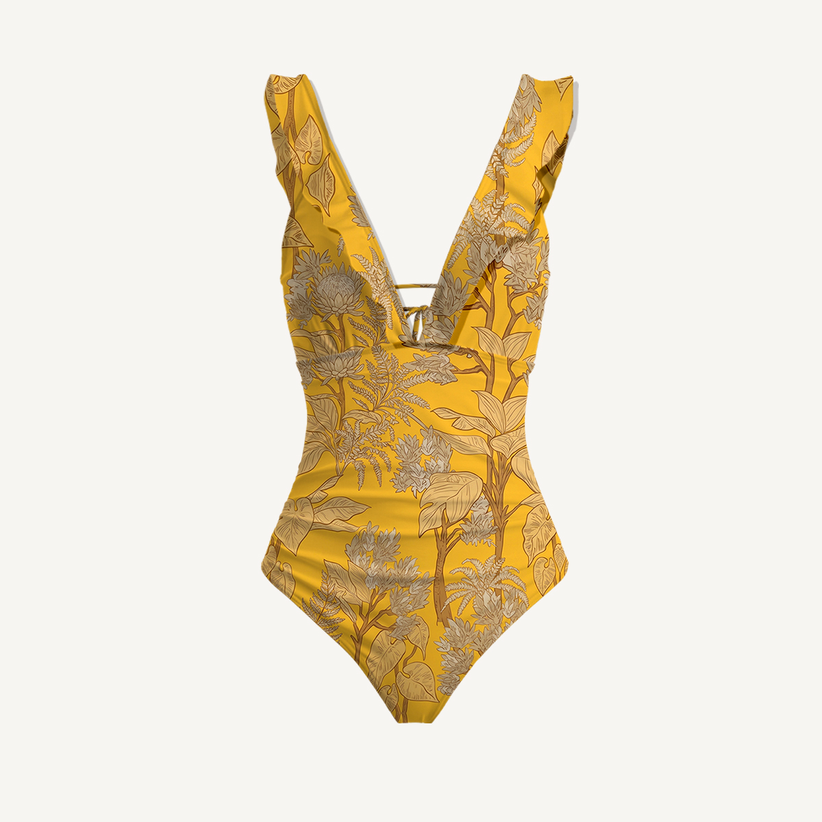 Golden Palm Ruffled V Neck One Piece Swimsuit