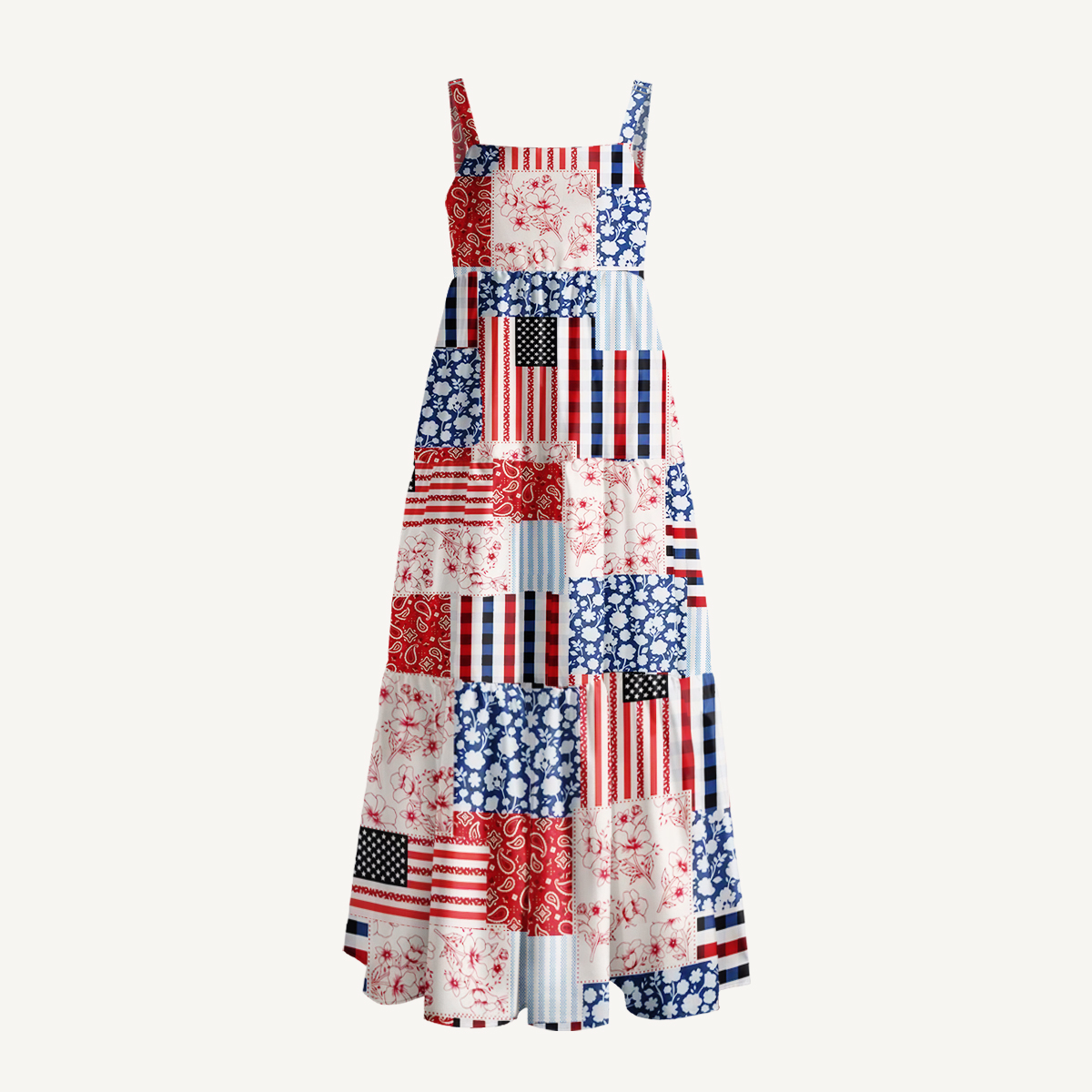Patriotic Patchwork Print Quilt Wide Straps Maxi Dress With Pockets