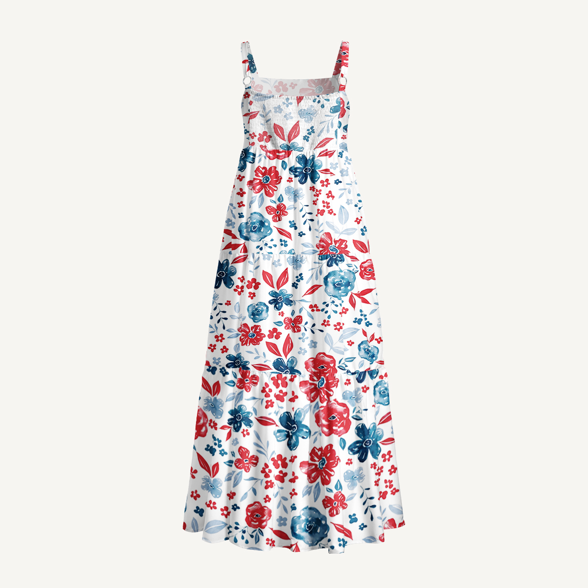 Patriotic Floral American Flag Print Quilt Wide Straps Maxi Dress With Pockets