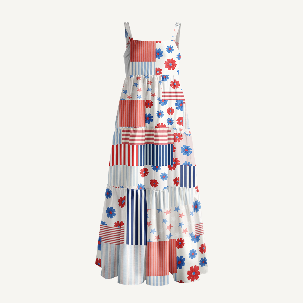 Flower Flag Print Quilt Wide Straps Maxi Dress With Pockets