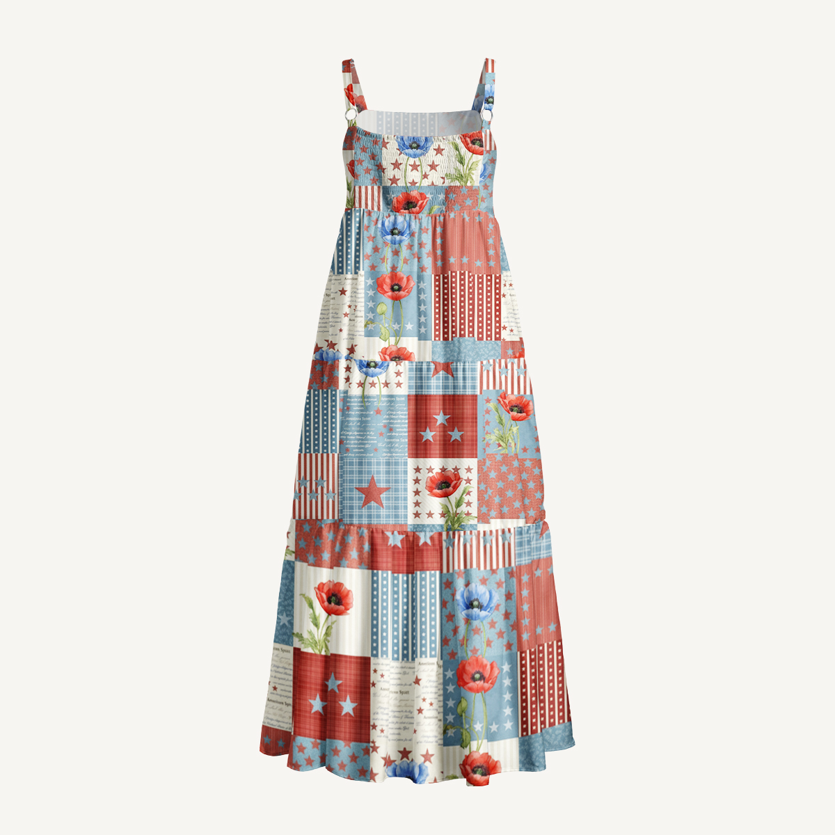 Vintage Patriotic Patchwork Print Quilt Wide Straps Maxi Dress With Pockets