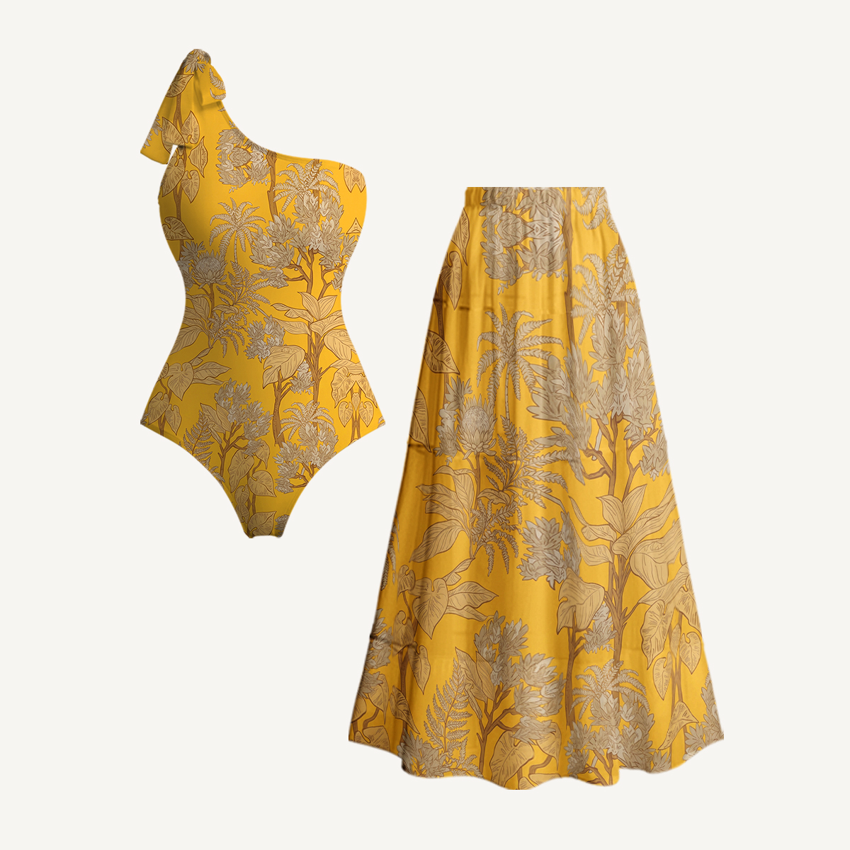 Golden Palm One Shoulder One Piece Swimsuit and Matching Sarong Set for Women