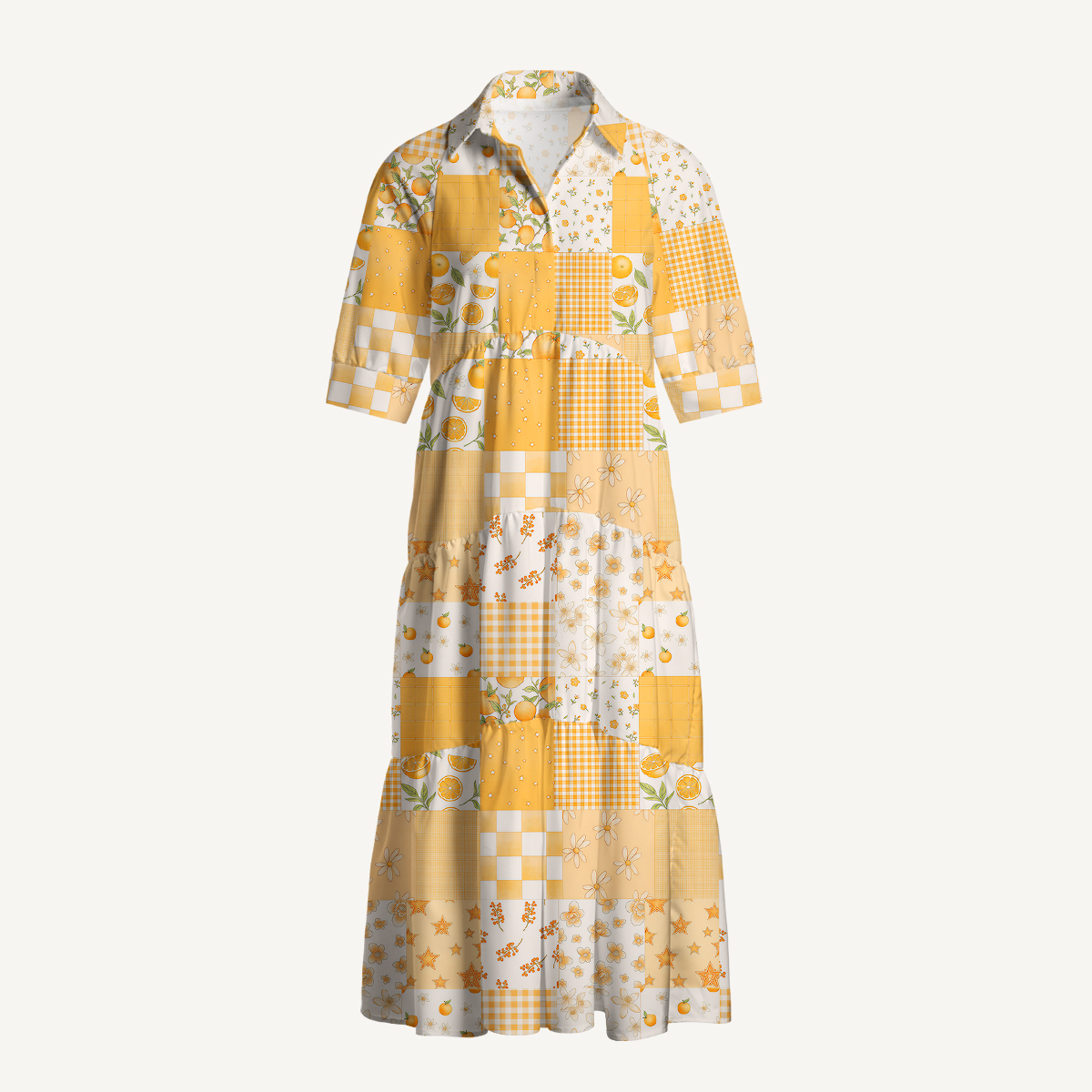 V Neck Collared Lemon Sunshine Patchwork Casual Midi Dress With Pockets