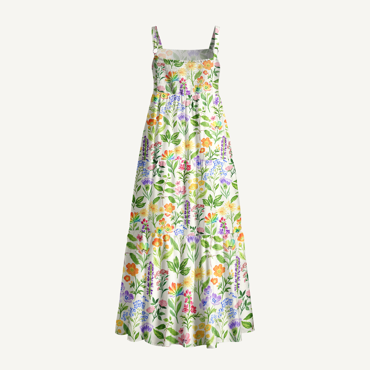 Colorful Wildflower Meadow Print Quilt Wide Straps Maxi Dress With Pockets
