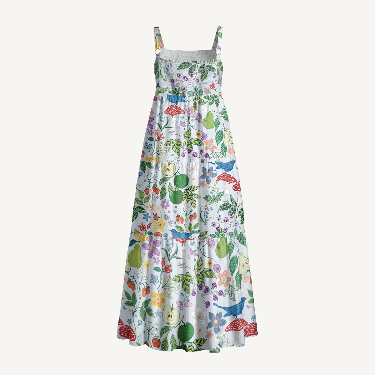 Birds Pear Mushroom Print Quilt Wide Straps Maxi Dress With Pockets