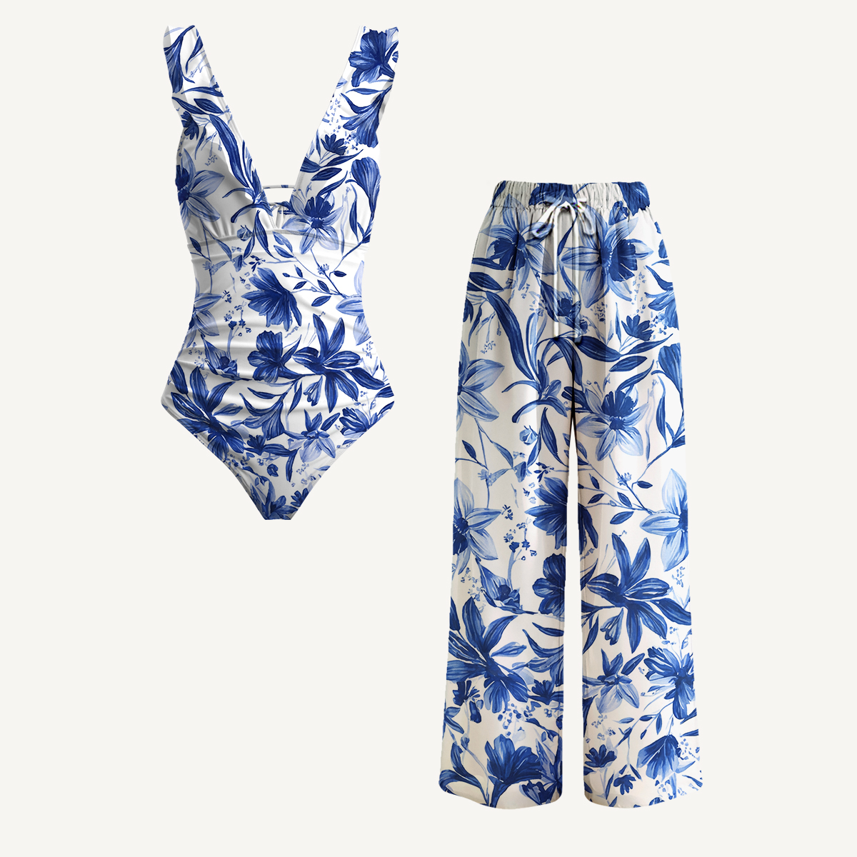 Blue Willow Bloom Ruffled V Neck One Piece Swimsuit and Matching Pants