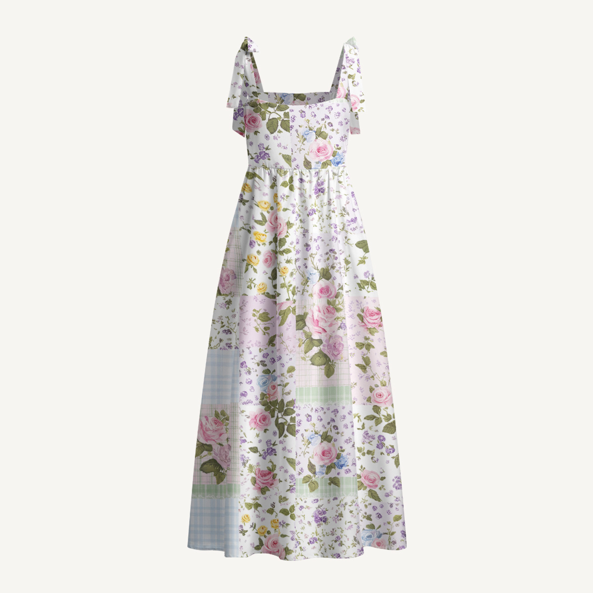 Pastel Rose Print Bow Strap Maxi Dress