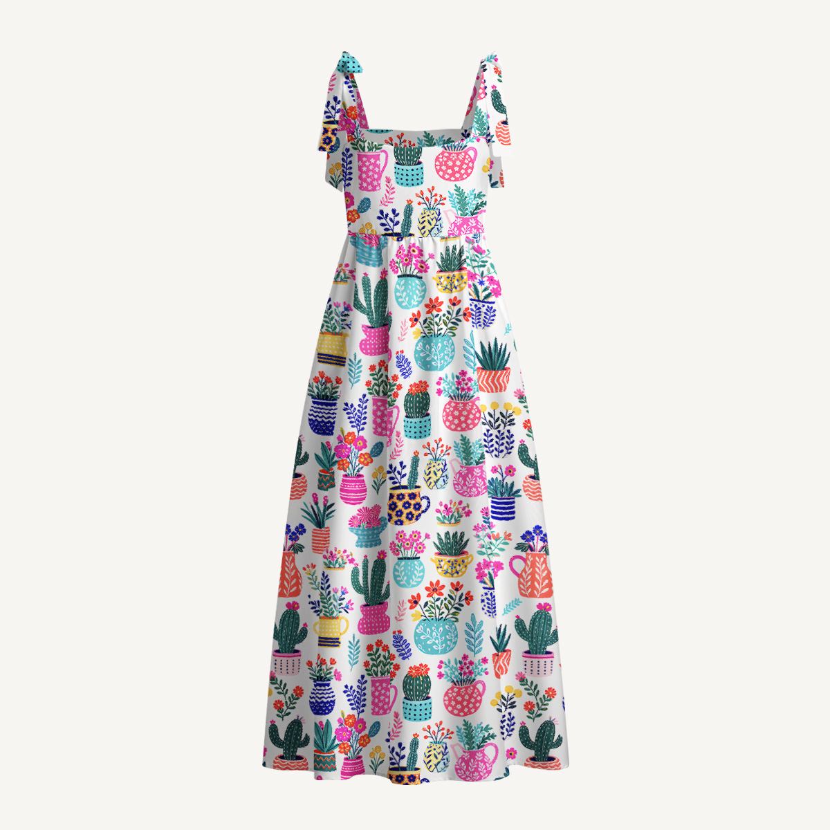 Cactus and Flowers Print Bow Strap Maxi Dress