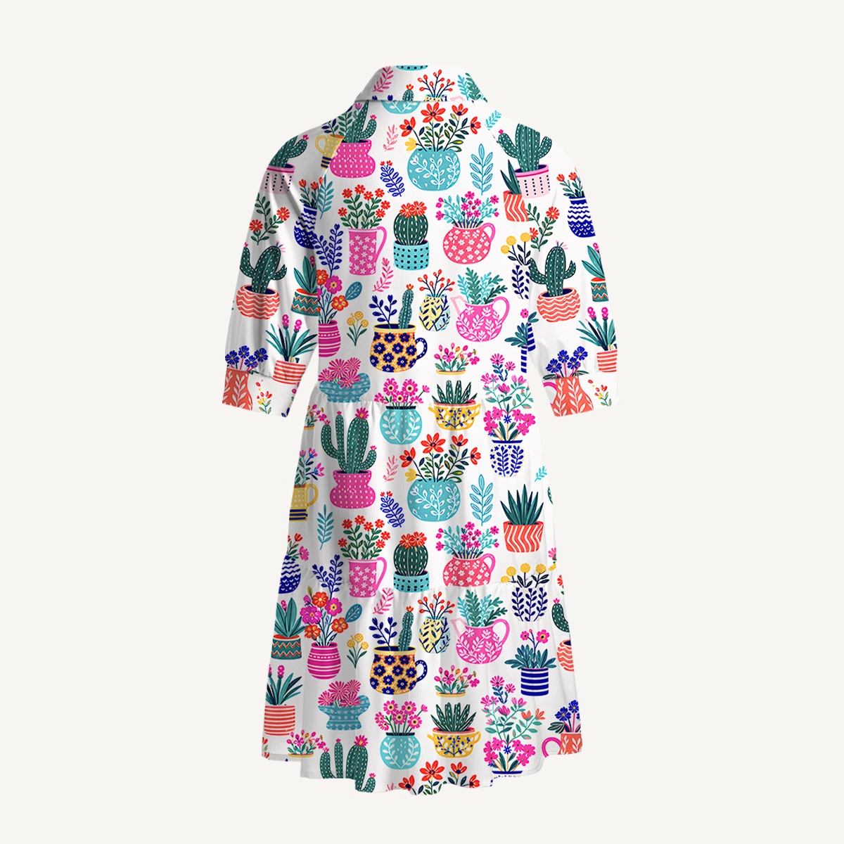 V Neck Collared Cactus and Flowers Mini Dress For Women With Pockets