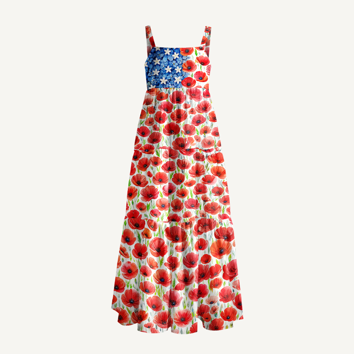 Blooming Stars and Stripes Print Wide Straps Maxi Dress With Pockets