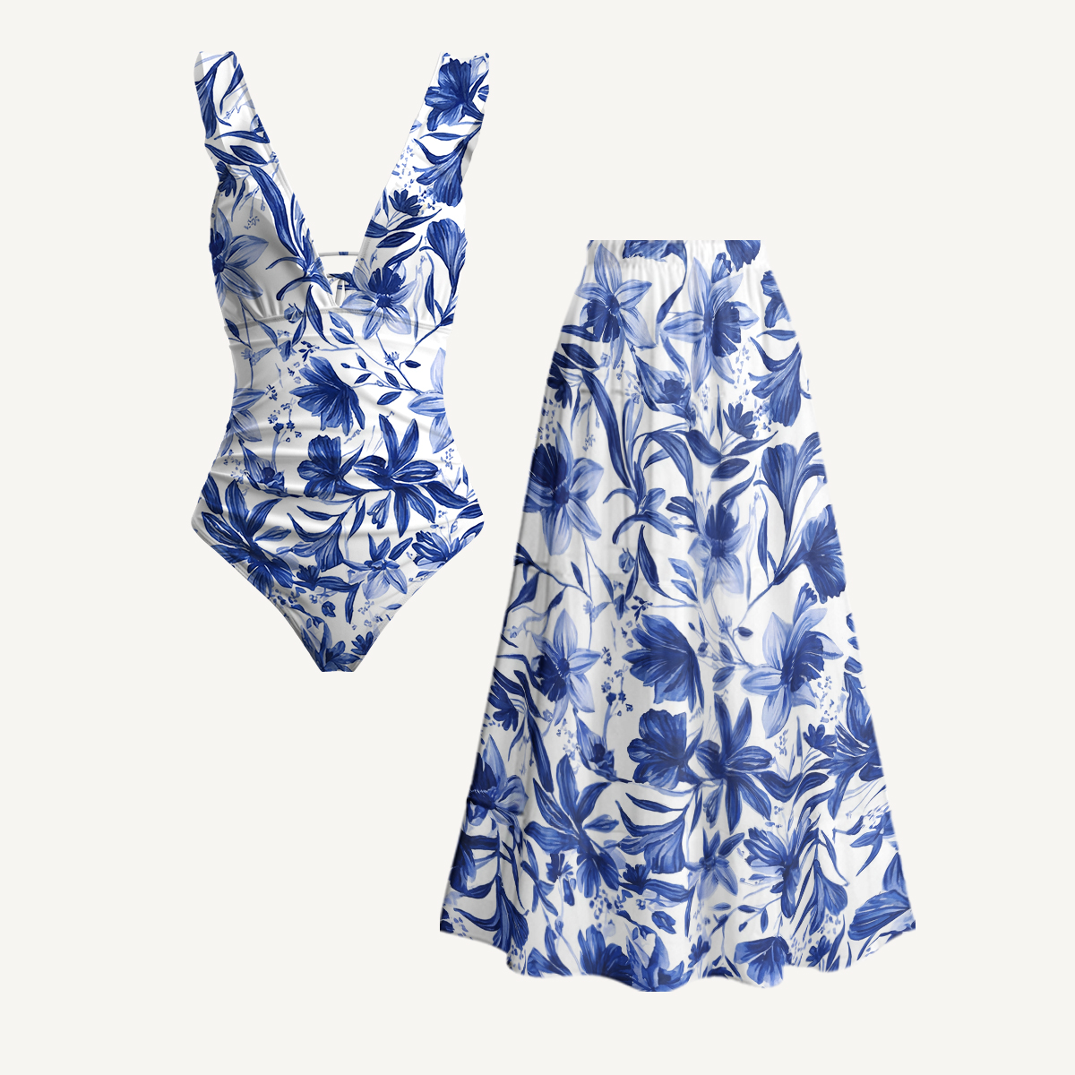 Blue Willow Bloom Ruffled V Neck One Piece Swimsuit and Matching Midi Skirt Set