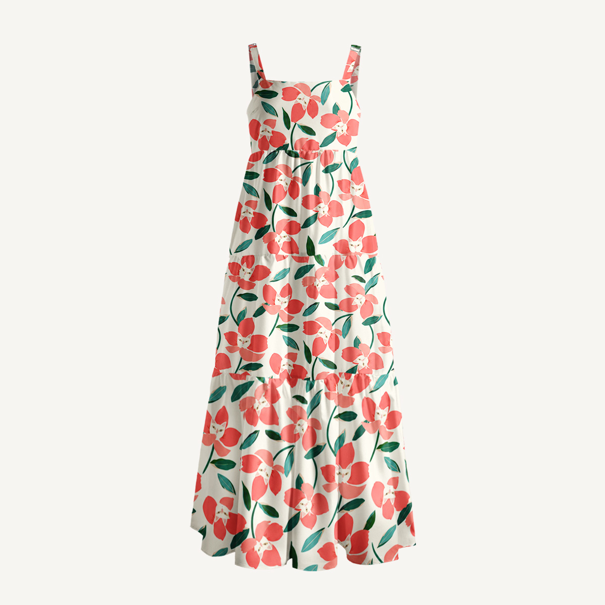 Coral Blossom Print Wide Straps Maxi Dress With Pockets