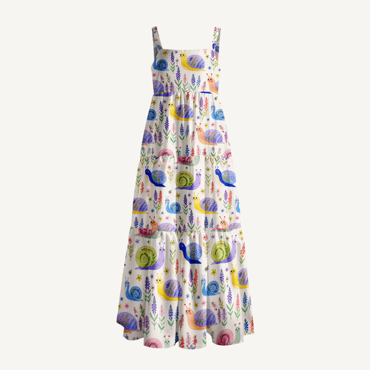 Snail Garden Print Wide Straps Maxi Dress With Pockets