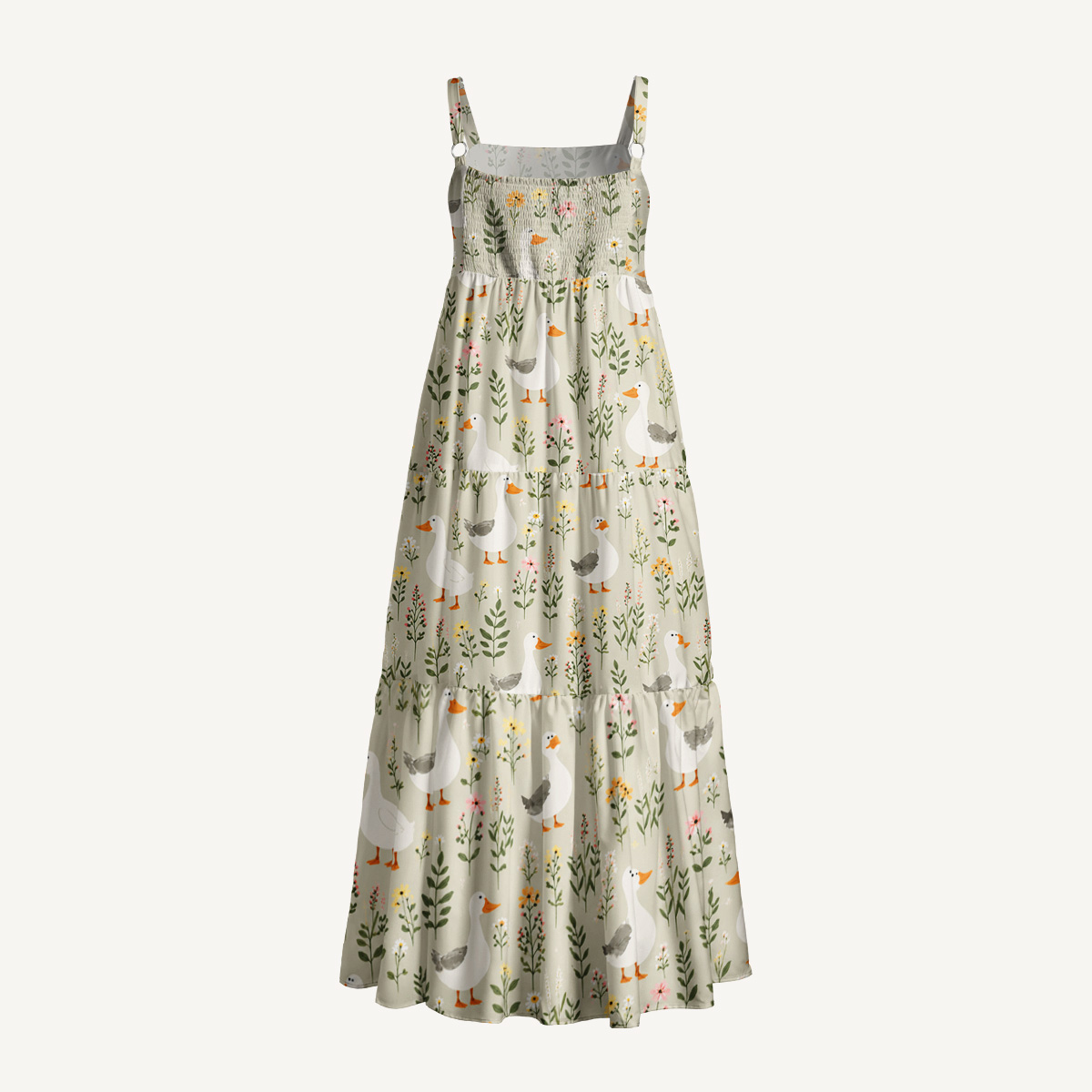 Cottagecore Duck Garden Print Wide Straps Maxi Dress With Pockets