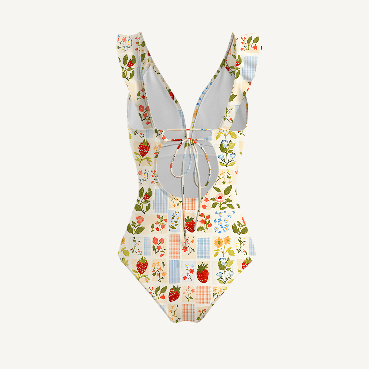 Strawberry Garden Patchwork  Ruffled V Neck One Piece Swimsuit and Matching Midi Skirt Set