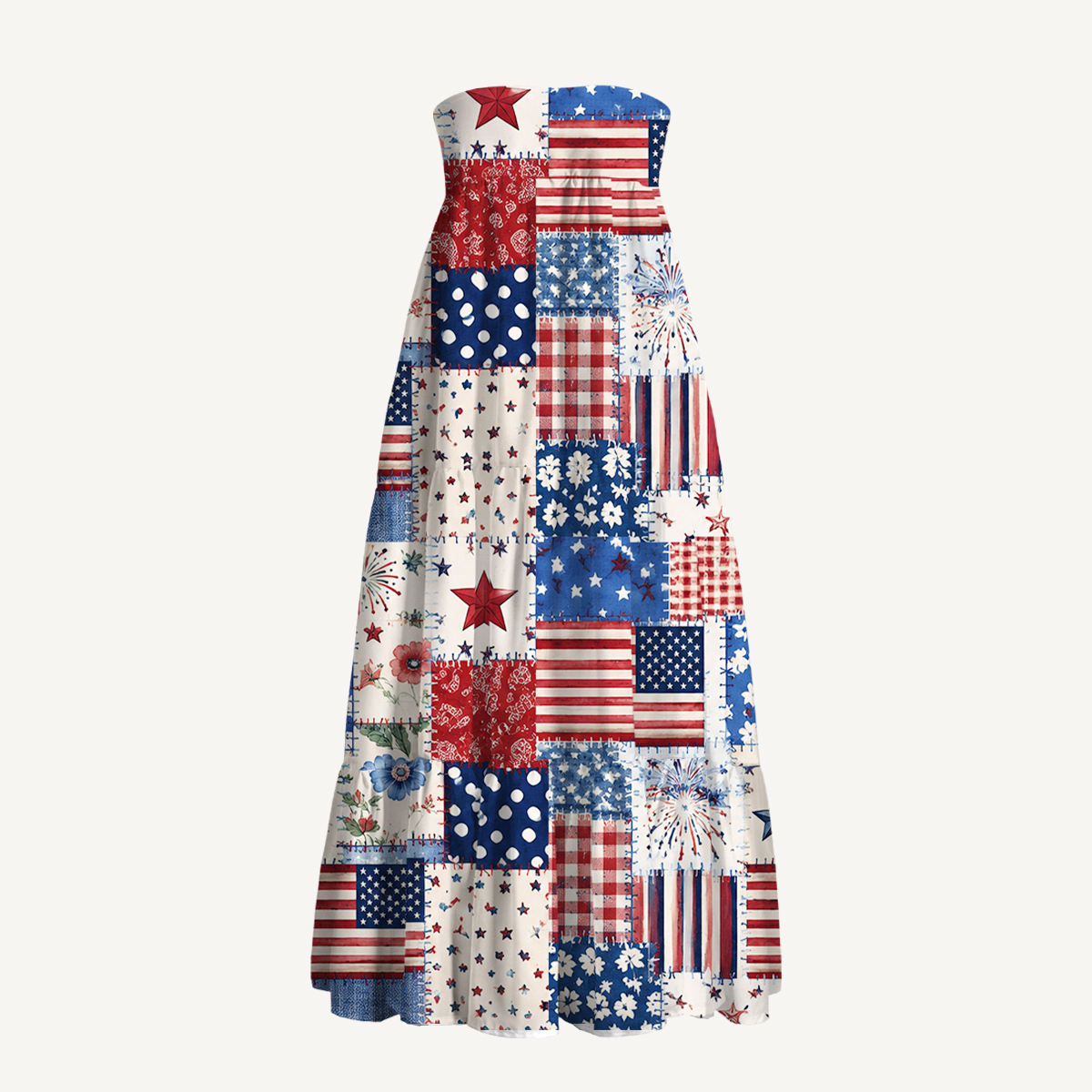 Rustic Americana Patchwork Print Convertible Maxi Skirt & Strapless Dress  