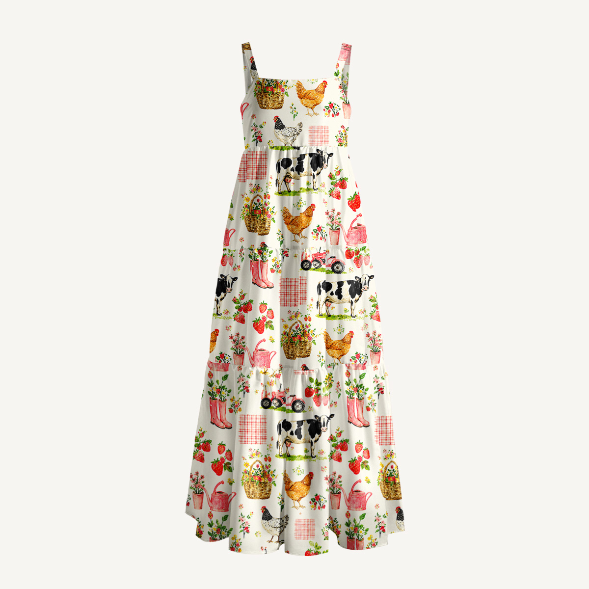Watercolor Pink Farm Chicken Print Wide Straps Maxi Dress With Pockets