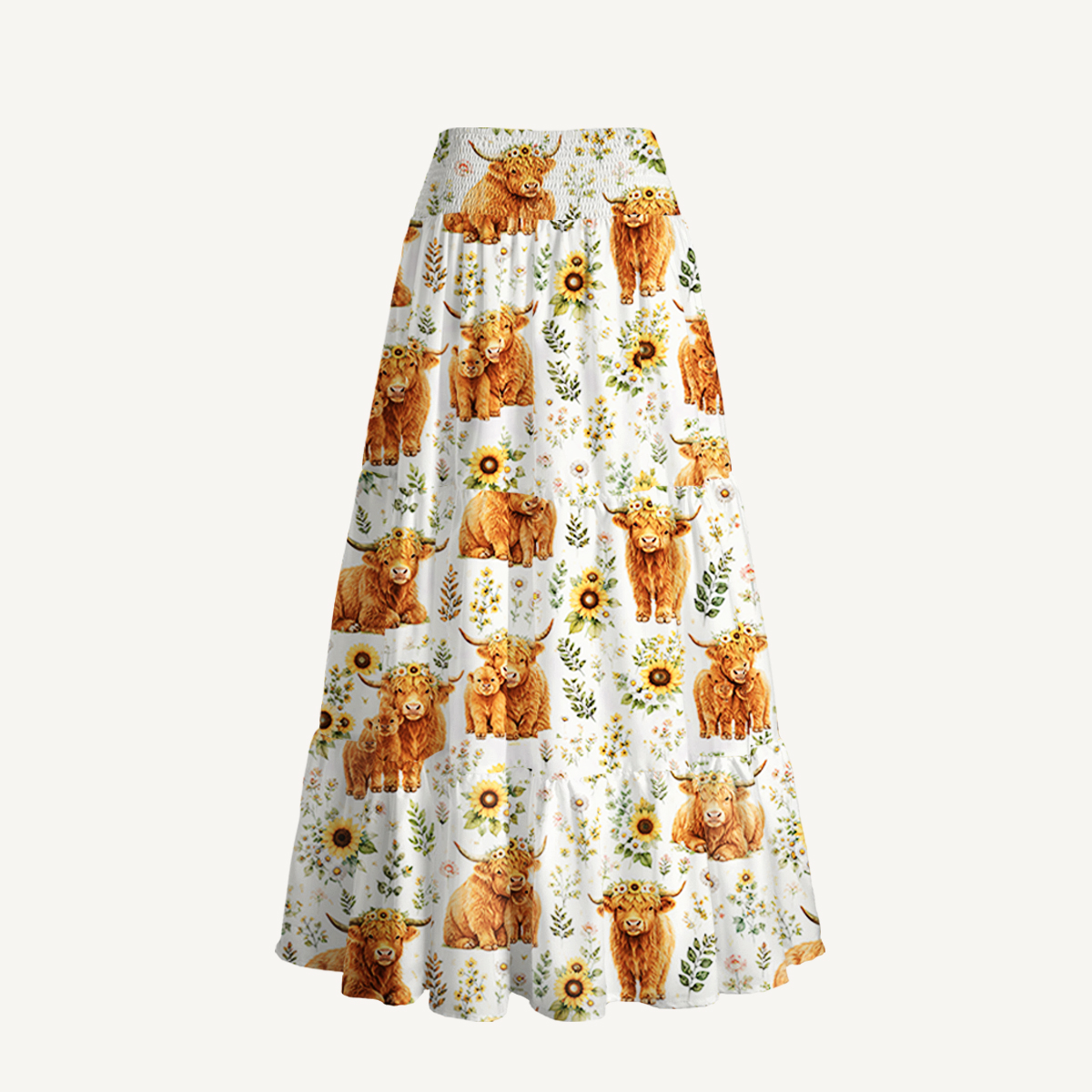 Spring Highland Cow Floral Print Convertible Maxi Skirt & Strapless Dress  