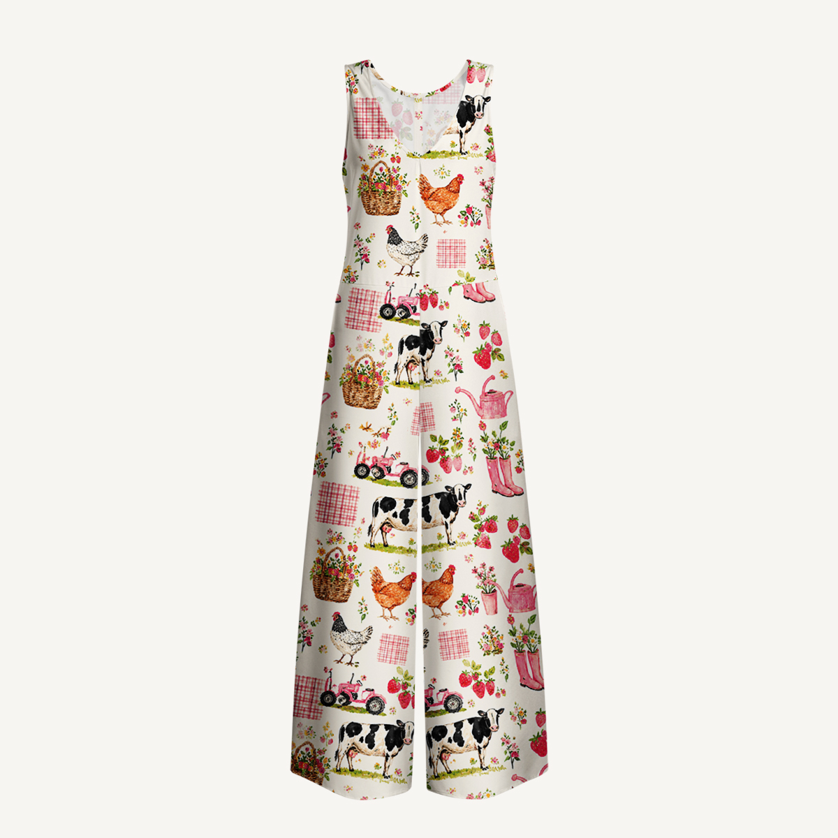 Watercolor Pink Farm Chicken Print Jumpsuit with Pockets for Women
