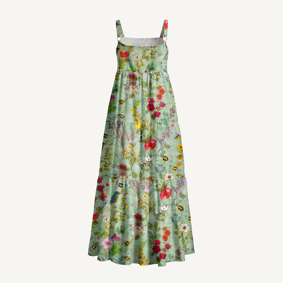 Hummingbirds and Bees Duck Egg Print Wide Straps Maxi Dress With Pockets