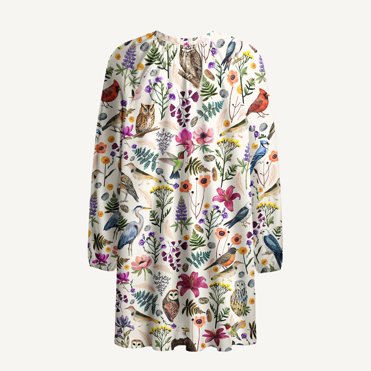 Whimsical Woodland Birds Wildflowers Print Boho Tie‑Neck Smock Mini Dress