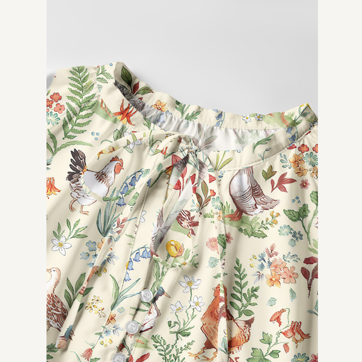 Countryside Garden Critter Print Boho Tie‑Neck Smock Mini Dress