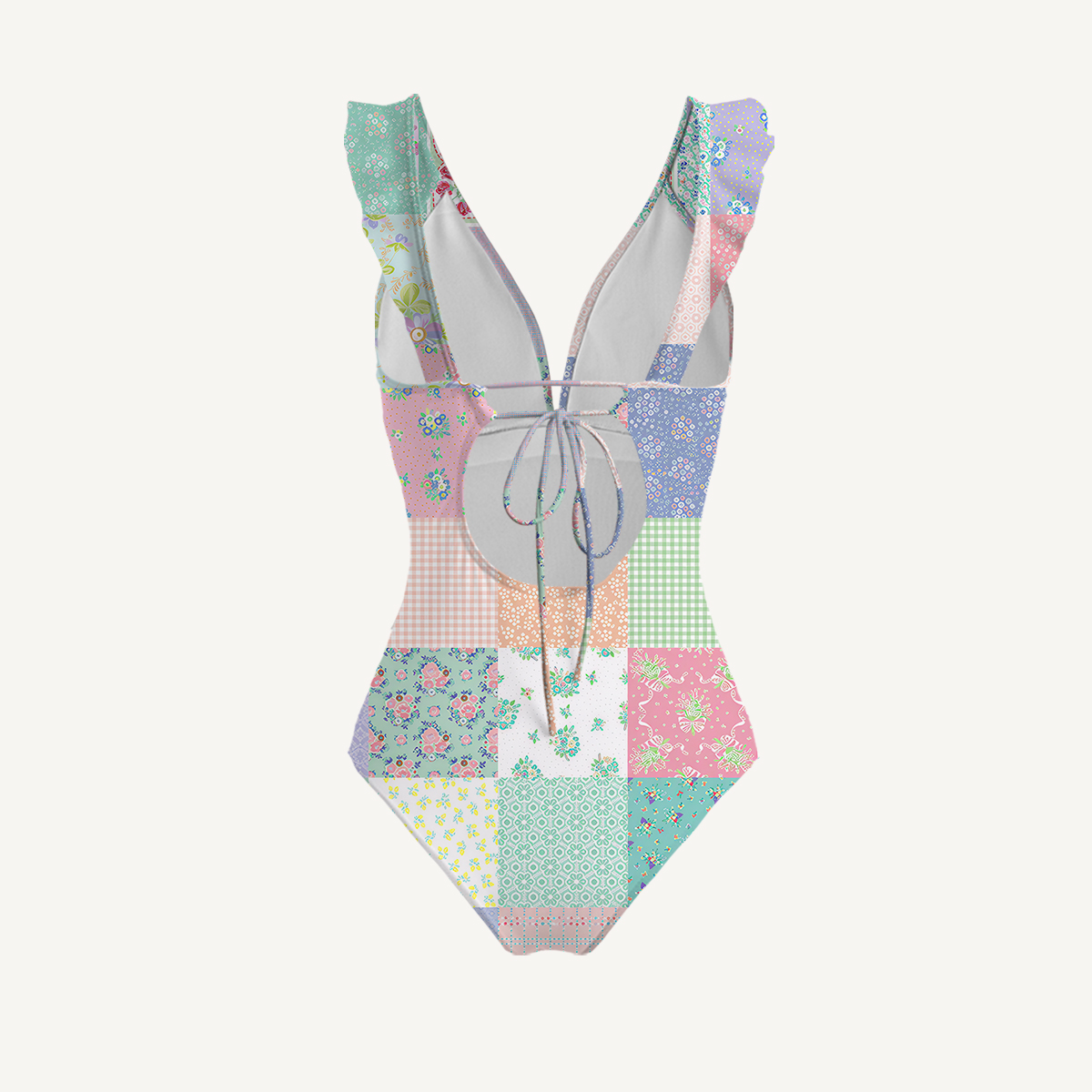 Vintage Quilt Patchwork Ruffled V Neck One Piece Swimsuit and Matching Midi Skirt Set