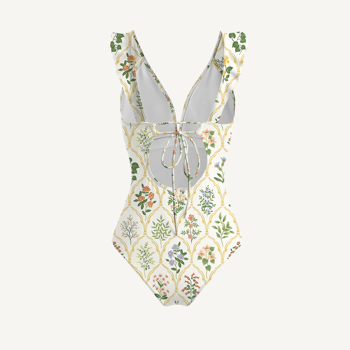Warm Grid Floral Whisper Ruffled V Neck One Piece Swimsuit and Matching Midi Skirt Set