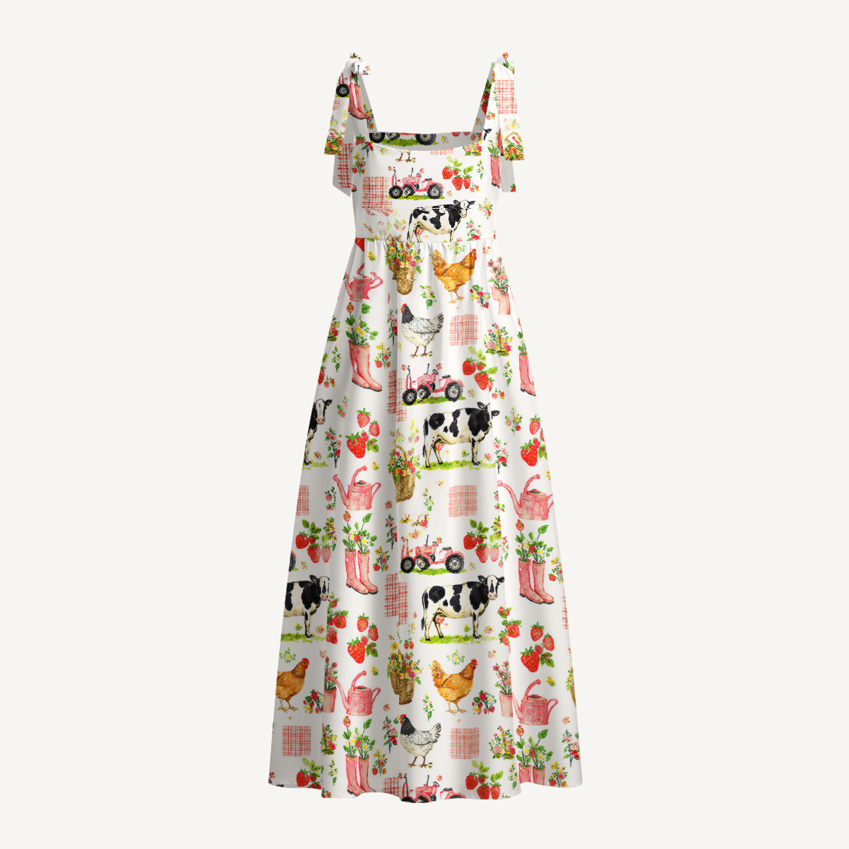 Watercolor Pink Farm Chicken Print Bow Strap Maxi Dress
