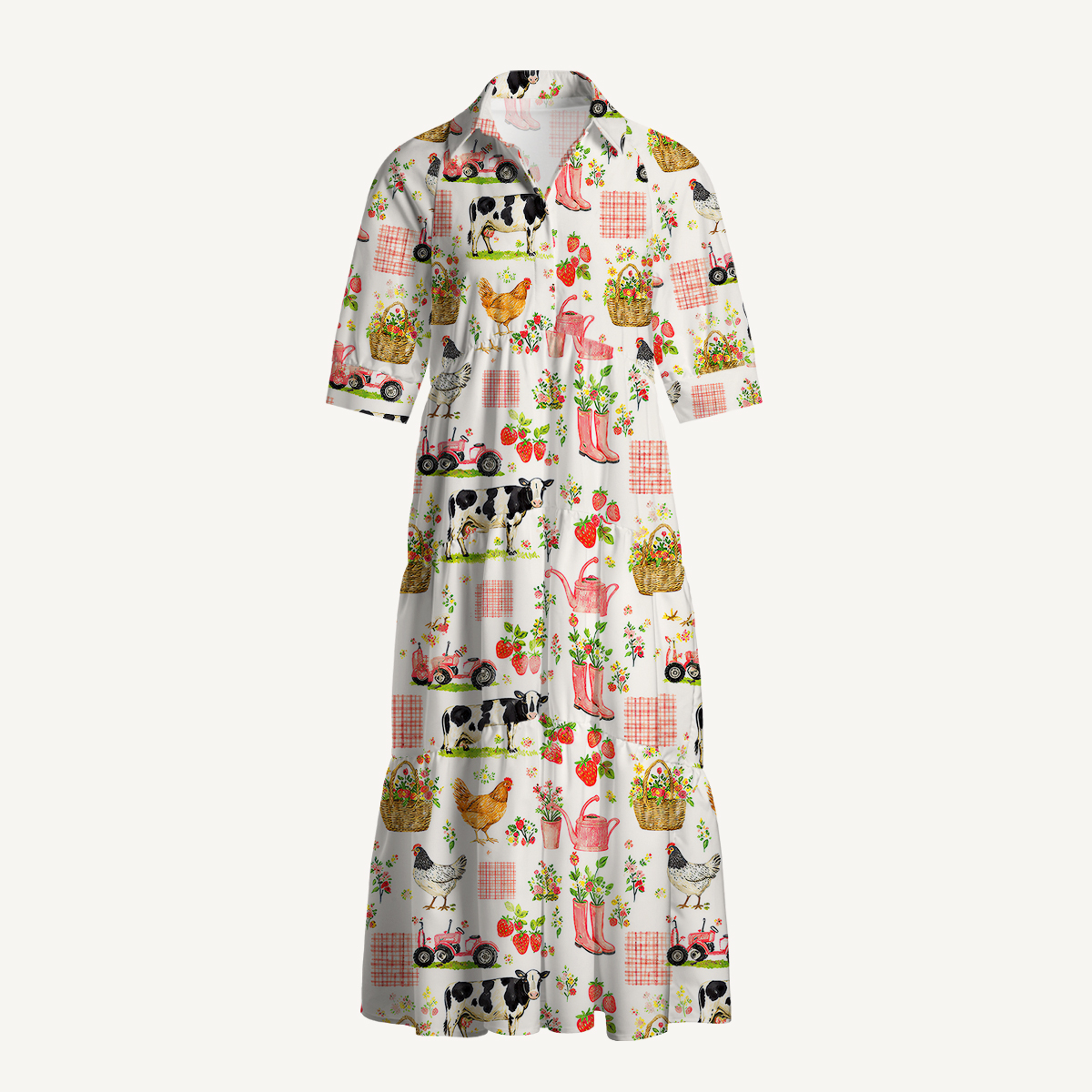 Watercolor Pink Farm Chicken Print Casual Midi Dress With Pockets