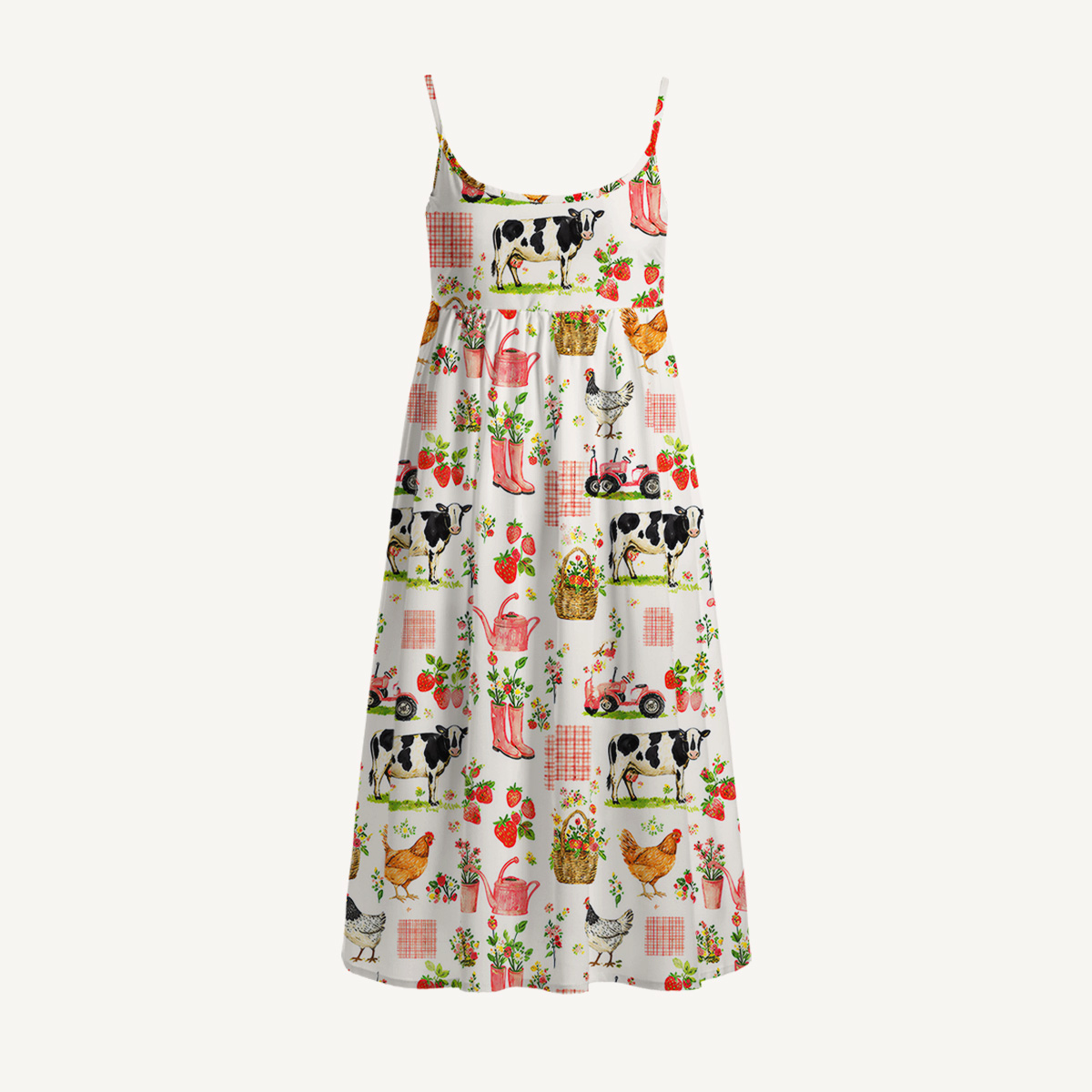 Watercolor Pink Farm Chicken Print Spaghetti Strap Mini Dress