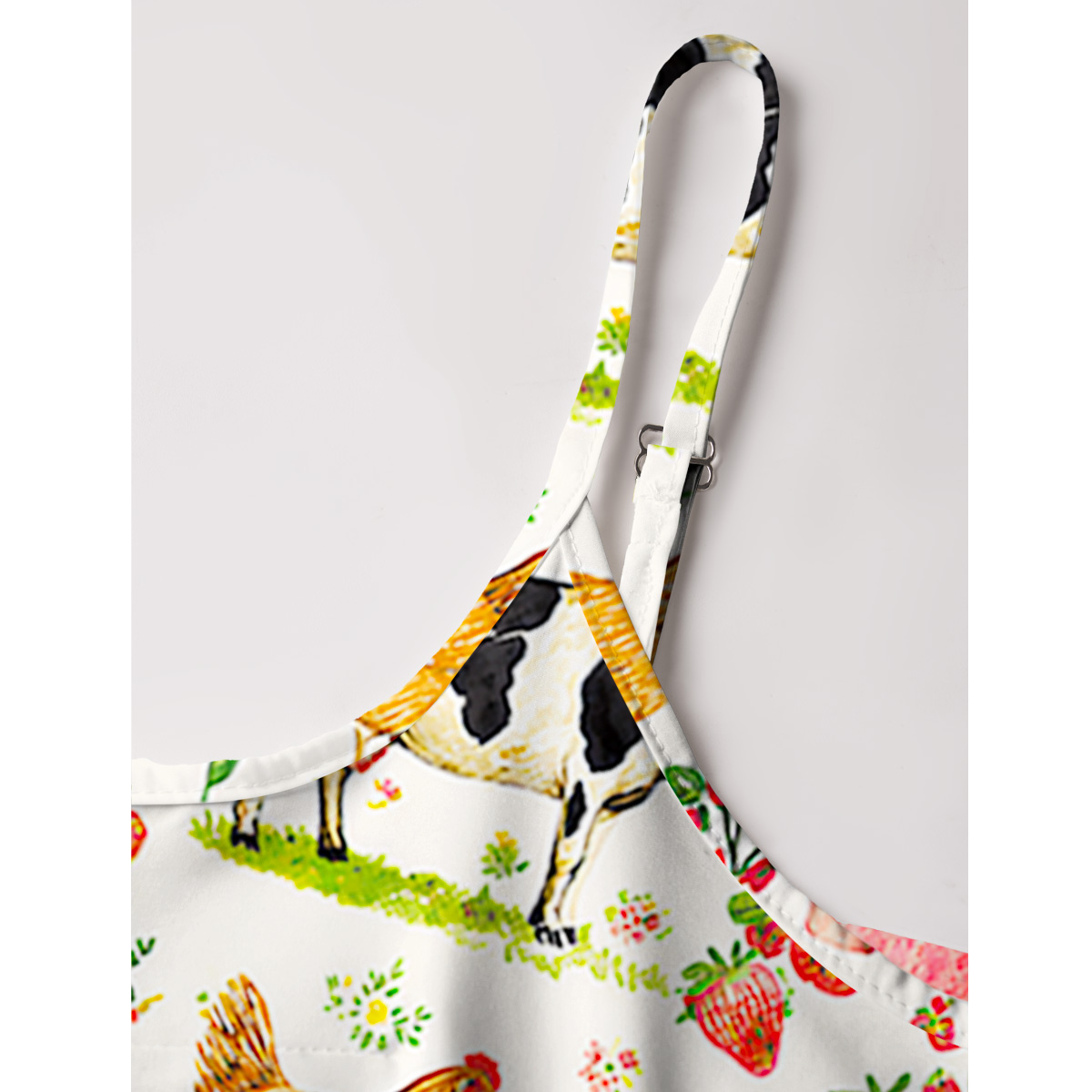 Watercolor Pink Farm Chicken Print Spaghetti Strap Mini Dress