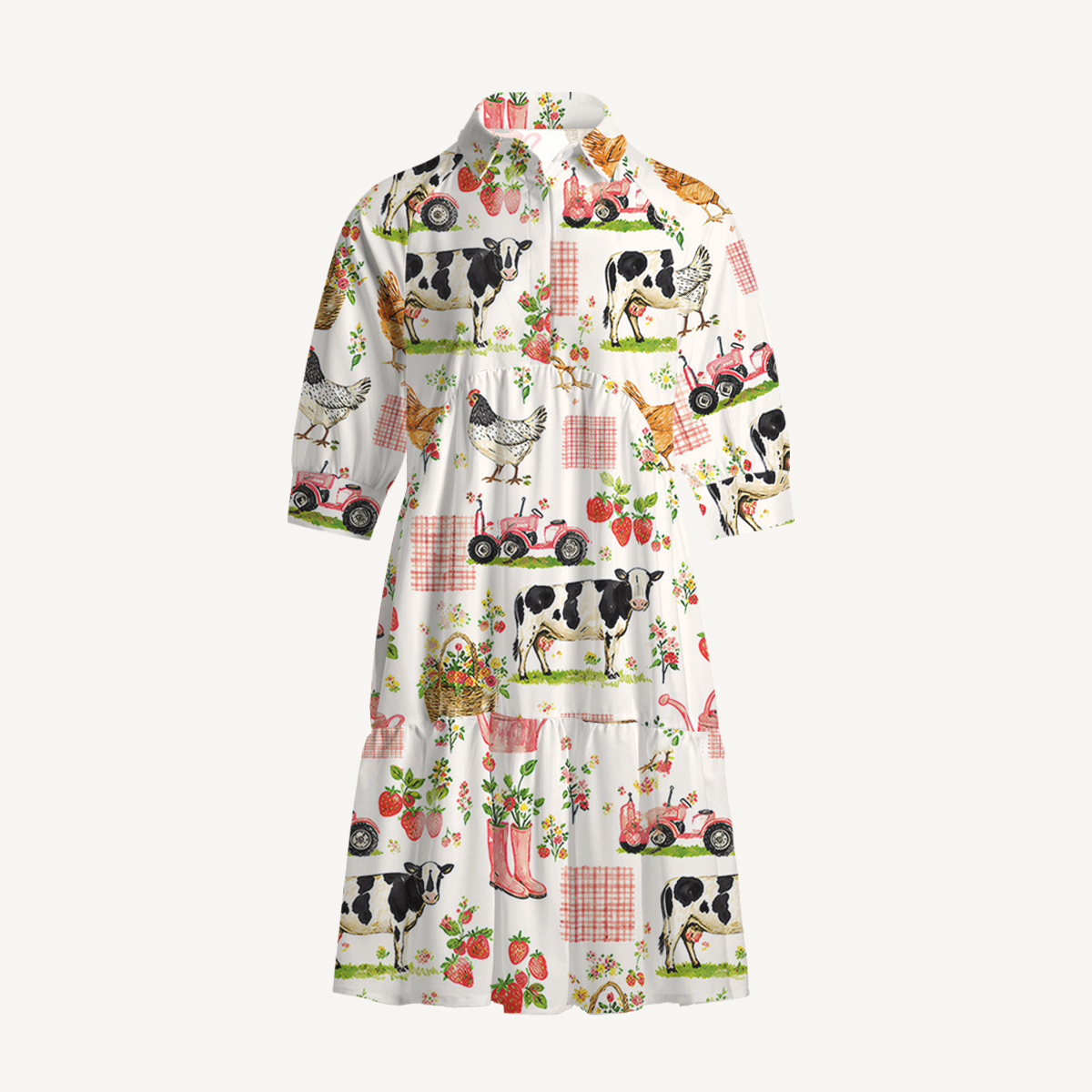 V Neck Collared Watercolor Pink Farm Chicken Mini Dress For Women With Pockets