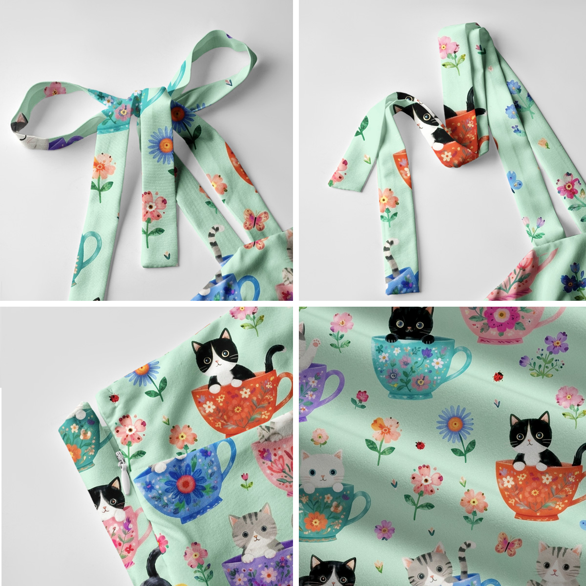 Cute Teacup Kitten Print Bow Strap Maxi Dress