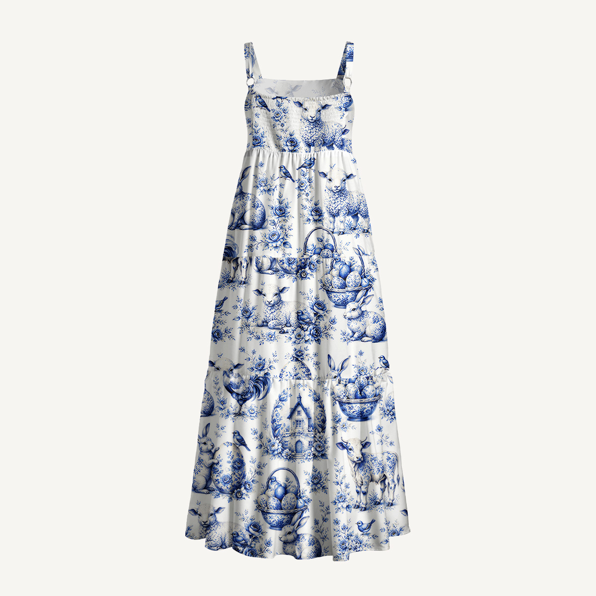  Delft Farm Print Wide Straps Maxi Dress With Pockets