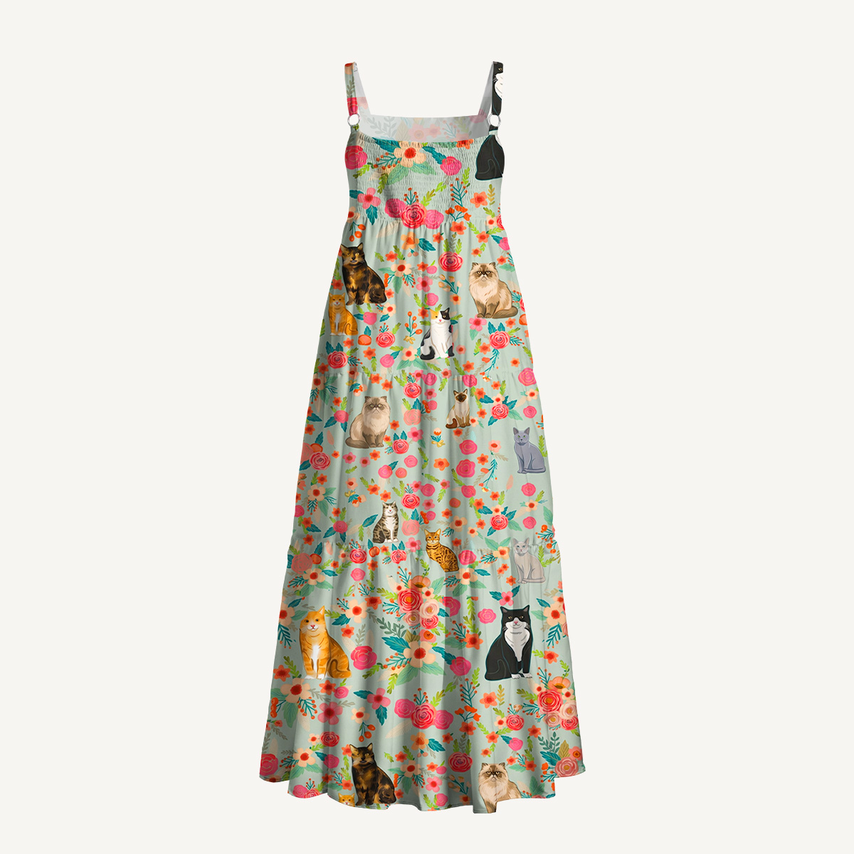 Square Neck Flower Cat  Print Slip Dress