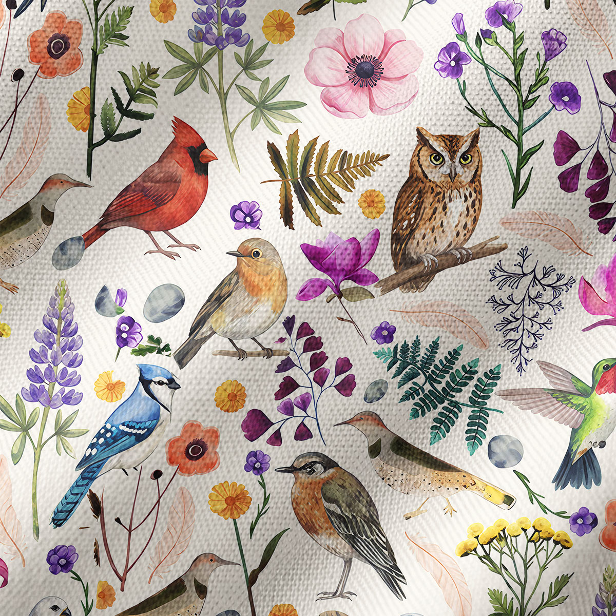 Whimsical Woodland Birds Wildflowers Print Kimono Shawl Wrap