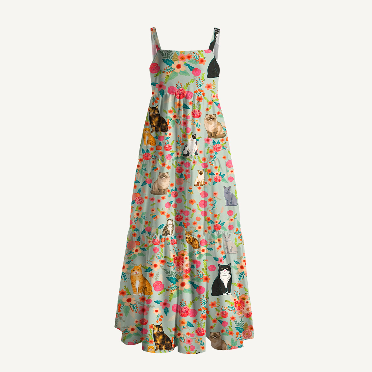 Square Neck Flower Cat  Print Slip Dress