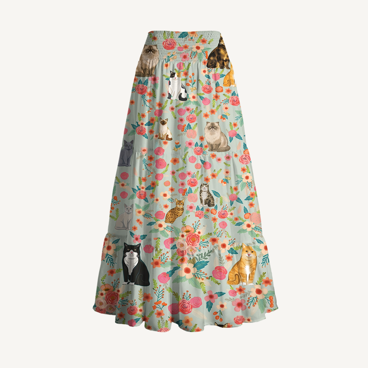 Flower Cat Print Maxi Skirt
