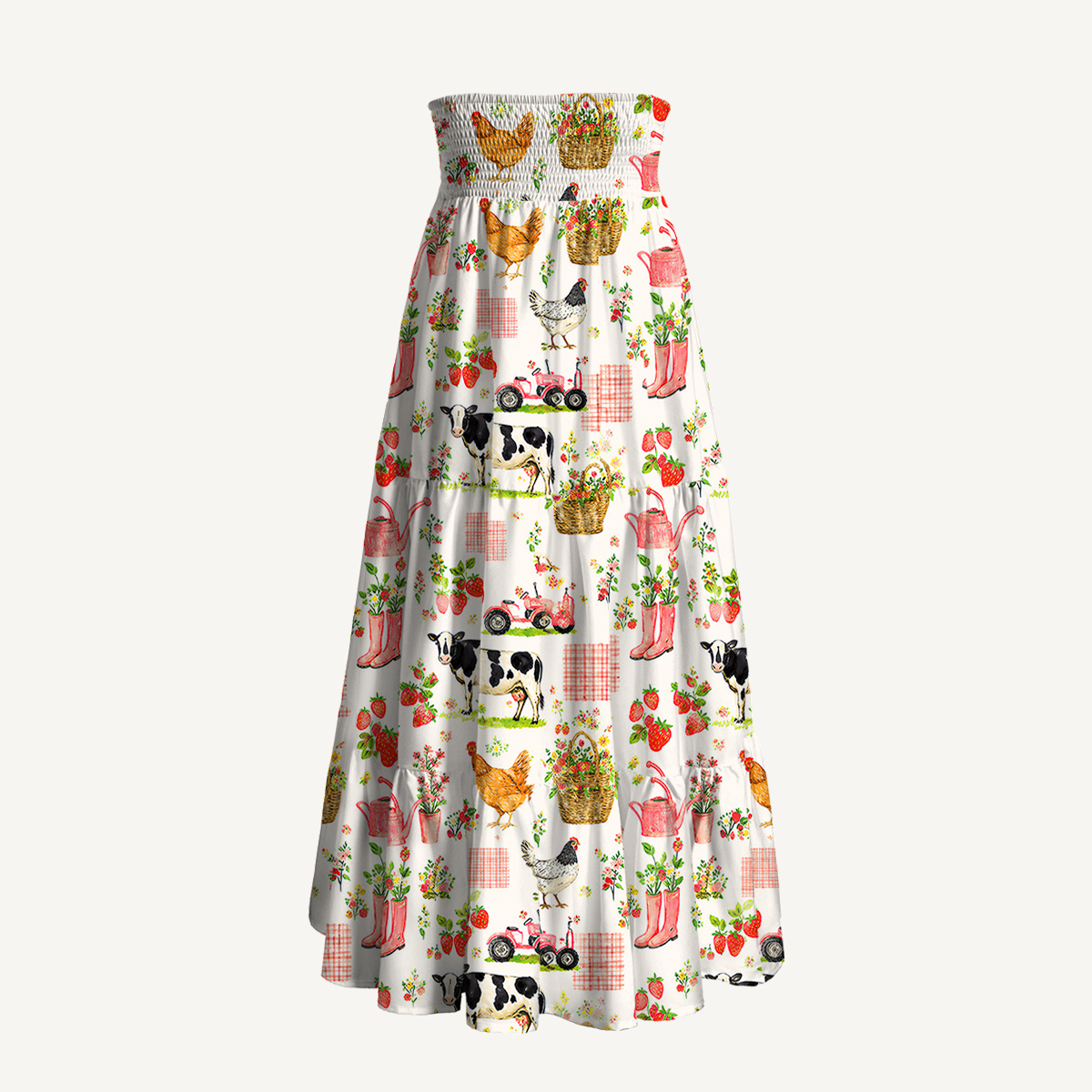 Watercolor Pink Farm Chicken Cow Print Convertible Maxi Skirt & Strapless Dress  