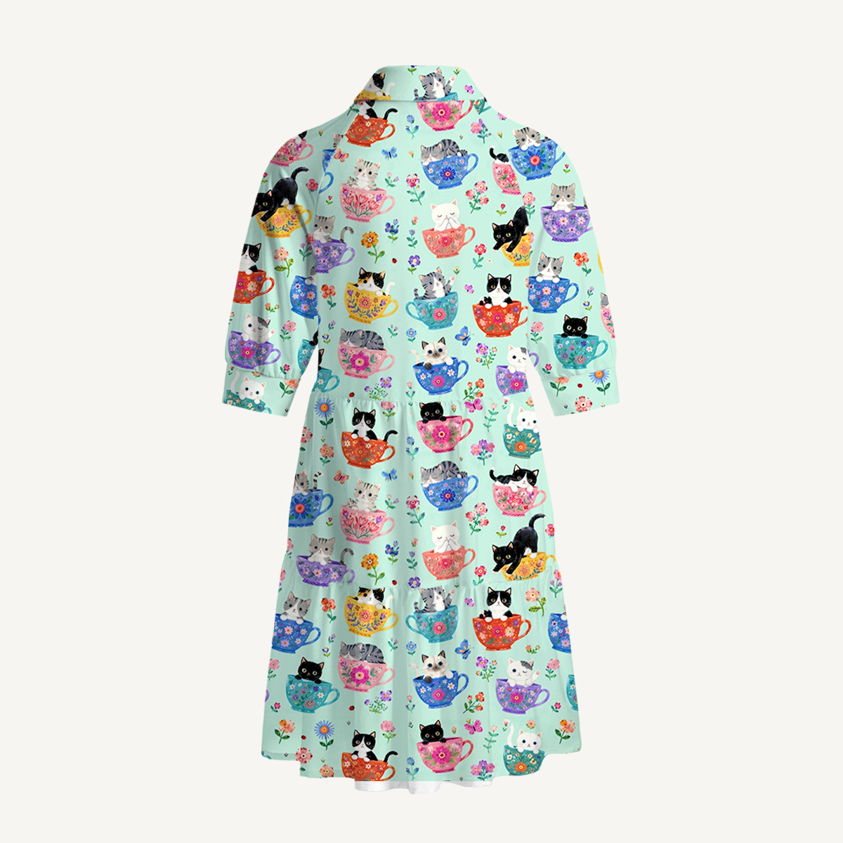 V Neck Collared Cute Teacup Kitten Mini Dress For Women With Pockets