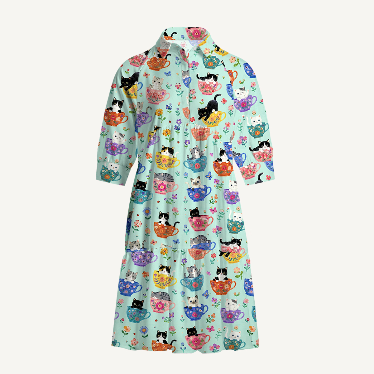 V Neck Collared Cute Teacup Kitten Mini Dress For Women With Pockets