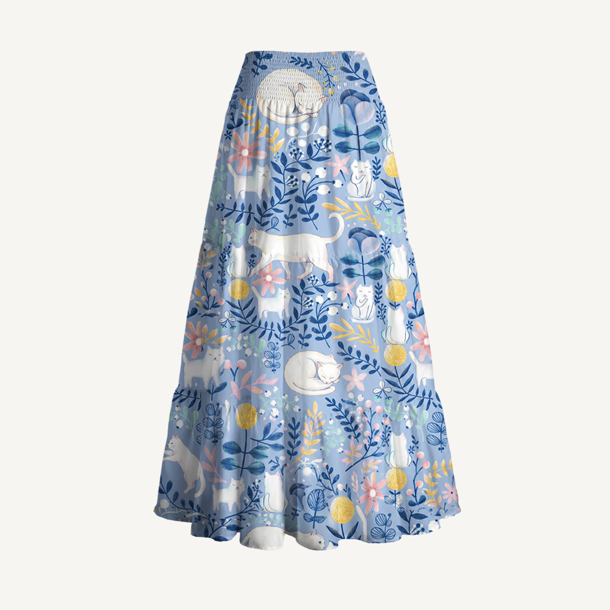 Blue Leaf Cat Print Maxi Skirt