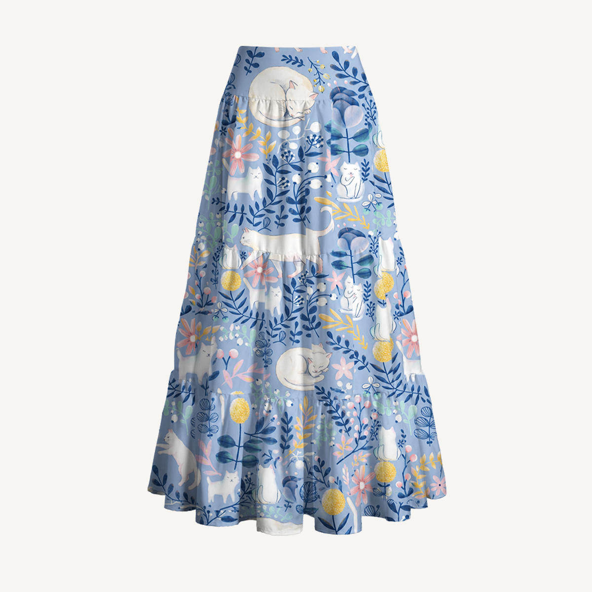 Blue Leaf Cat Print Maxi Skirt